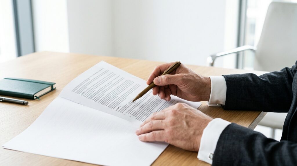 Revisão de contratos empresariais: por que o documento certo perde eficácia com o tempo hands reviewing contract with pen 202606101553