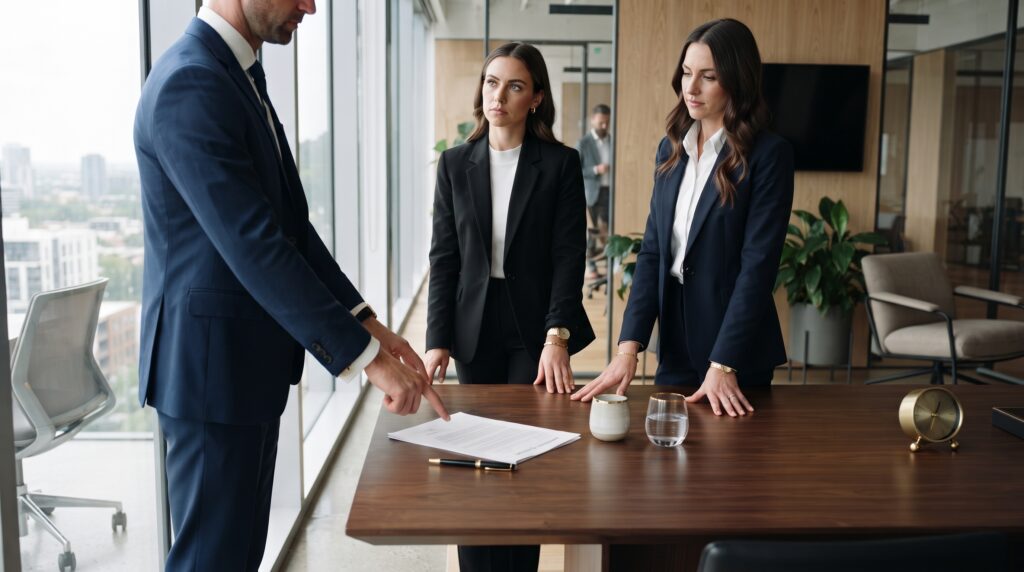 Rescisão contratual empresarial: mãos analisando documento em mesa de escritório